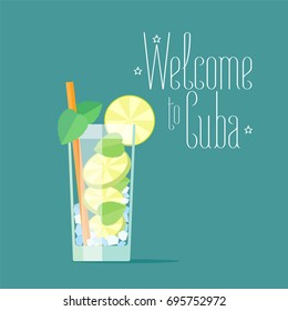 Cuban mojito cocktail vector illustration. Concept design for travel to Cuba with traditional alcoholic drink