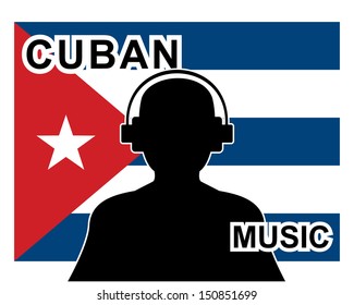 cuban music concept with a silhouette of a man with headphones and cuban flag in background 