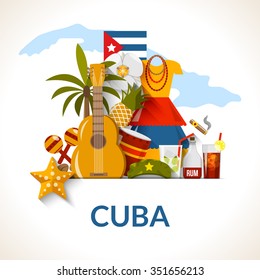 Cuban National Symbols Composition Poster With Flag Guitar Rum Cocktail And Royal Palm Flat Abstract Vector Illustration