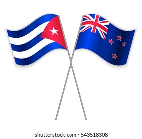 Cuban and NZ crossed flags. Cuba combined with New Zealand isolated on white. Language learning, international business or travel concept.