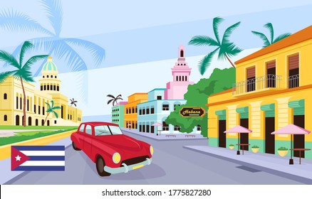 Cuban old street flat color vector illustration. Colorful traditional buildings and vintage car. Sightseeing in Havana, Cuba 2D cartoon cityscape with tropical palms on background