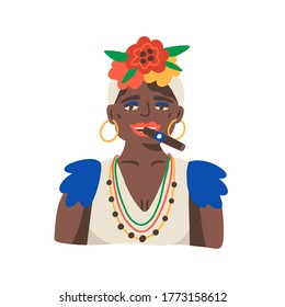 Cuban Old Woman Portrait With Make Up, Blue Eye Shadow, Red Lips, Golden Earings, Hat With Flower. Ethnic Tropical Dark Skin Female Smoke Cigar In Flat Vector Cartoon Illustration On White Background