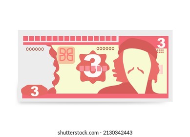 Cuban Peso Vector Illustration. Cuba money set bundle banknotes. Paper money 3 CUP. Flat style. Isolated on white background. Simple minimal design