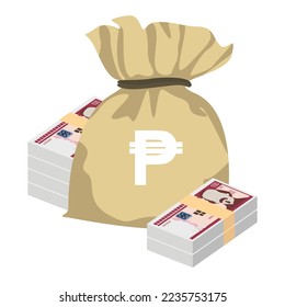 Cuban Peso Vector Illustration. Cuba money set bundle banknotes. Money bag 100 CUP. Flat style. Isolated on white background. Simple minimal design.