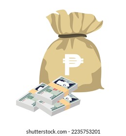 Cuban Peso Vector Illustration. Cuba money set bundle banknotes. Money bag 500 CUP. Flat style. Isolated on white background. Simple minimal design.
