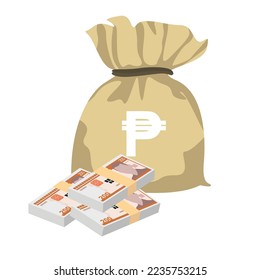 Cuban Peso Vector Illustration. Cuba money set bundle banknotes. Money bag 200 CUP. Flat style. Isolated on white background. Simple minimal design.
