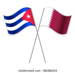 Cuban and Qatari crossed flags. Cuba combined with Qatar isolated on white. Language learning, international business or travel concept.