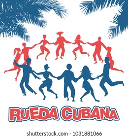 Cuban Rueda, or group of people dancing salsa in a circle under tropical palm trees