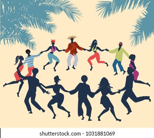 Cuban Rueda, Or Group Of People Dancing Salsa In A Circle Under Tropical Palm Trees