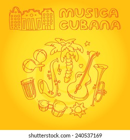 Cuban salsa music illustration with musical instruments, palms, traditional architecture. Vector modern and stylish design elements set