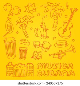 Cuban salsa music illustration with musical instruments, palms, traditional architecture. Vector modern and stylish design elements set