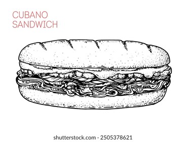 Boceto de sándwich cubano. Ilustración vectorial dibujada a mano, no IA	