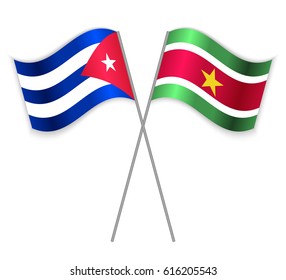 Cuban and Surinamese crossed flags. Cuba combined with Suriname isolated on white. Language learning, international business or travel concept.