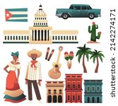 Cuban traditional cultural elements - flag, architecture, people and music, flat vector illustration isolated on white. Set of travel symbols - Havana capitol, music instruments and cigars.