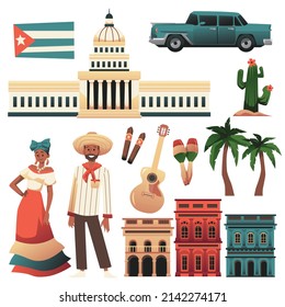 Cuban traditional cultural elements - flag, architecture, people and music, flat vector illustration isolated on white. Set of travel symbols - Havana capitol, music instruments and cigars.