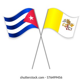 Cuban and Vatican crossed flags. Cuba combined with Vatican City State isolated on white. Language learning, international business or travel concept.