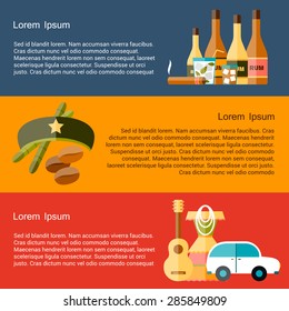 Cuban vector graphic elements. Travel concept. Flat cuban culture concept. Colorful flat Cuba elements: rum, coctail, old car, sugar cane, coffee, guitar, cigar, national woman's dress and famous hat