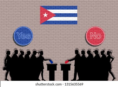 Cuban voters crowd silhouette in Cuba election with yes and no signs graffiti. All the silhouette objects, icons and background are in different layers. 