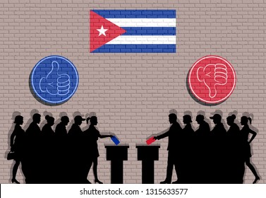 Cuban voters crowd silhouette in election with thumb icons and Cuba flag graffiti. All the silhouette objects, icons and background are in different layers. 