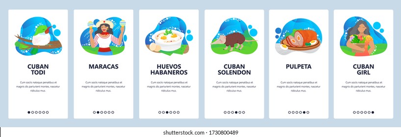 Cuban website and mobile app onboarding screens. Menu banner vector template for web site and application development. Music culture, fauna, people in Cuba. Cuban pulpeta meat loaf, huevos habaneros.