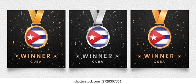 Kubanischer Medaillengewinner mit Gold, Silber und Bronze. Nationales Flaggenthema auf dunklem Hintergrund mit Konfetti. Perfekt für Auszeichnungen.