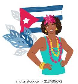 Cuban Woman At Backdrop Of Cuba National Flag. Native Or Inhabitant Of Cuba Female Character, Flat Cartoon Vector Illustration Isolated On White Background.