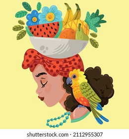 Mujer cubana con cesta de fruta. Ilustración vectorial.