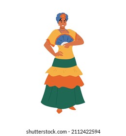 Cuban woman in national historic costume, flat cartoon vector illustration isolated on white background. Latin Cuban attractive woman or young girl character.