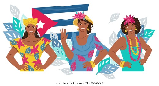 Cuban women at backdrop of the national flag of Cuba, flat vector illustration isolated on a white background. Travel poster or banner template. Welcome to Cuba.