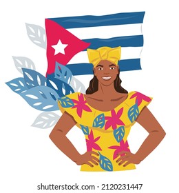 Cuban Young Woman In Traditional Dress At Backdrop Of Cuba National Flag. Cuban Ethnic Female Character In Colorful Costume, Flat Cartoon Vector Illustration Isolated On White Background.