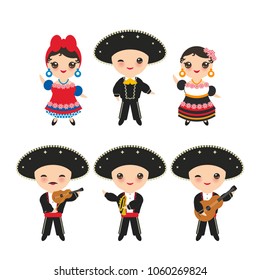 Cubans boy and girl in national costume and hat. Cartoon children in traditional Cuba dress, Mariachi group Musical instruments guitar, viola, violin, trumpet. Isolated on white background. Vector