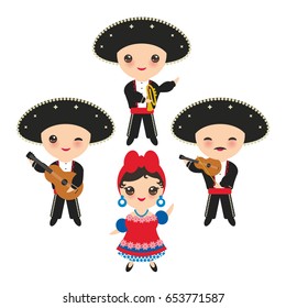 Cubans boy and girl in national costume and hat. Cartoon children in traditional Cuba dress, Mariachi group Musical instruments guitar, viola, violin, trumpet. Isolated on white background. Vector