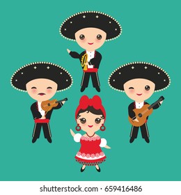 Cubans boy and girl in national costume and hat. Cartoon children in traditional Cuba dress, Mariachi group Musical instruments guitar, viola, violin, trumpet. on blue background. Vector