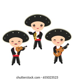 Cubans boy in national costume and hat. Cartoon children in traditional Cuba dress, Mariachi group Musical instruments guitar, viola, violin, trumpet. Isolated on white background. Vector