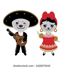 Cubans funny Kawaii gray cat boy and girl in national costume and hat. Cartoon children animals in traditional Cuba dress, guitar. Isolated on white background. Vector
