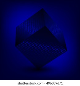 Cube 3D with a binary code. Vector illustration in dark-blue color.