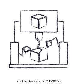 cube 3D design with robotic hands monochrome blurred silhouette vector illustration