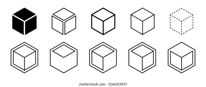 Cube 3d icons. Isometric square boxes design. Line cubic logos. Cubes, blocks outline shapes set. Abstract geometric black templates. Modern geometry cubics isolated. Vector.
