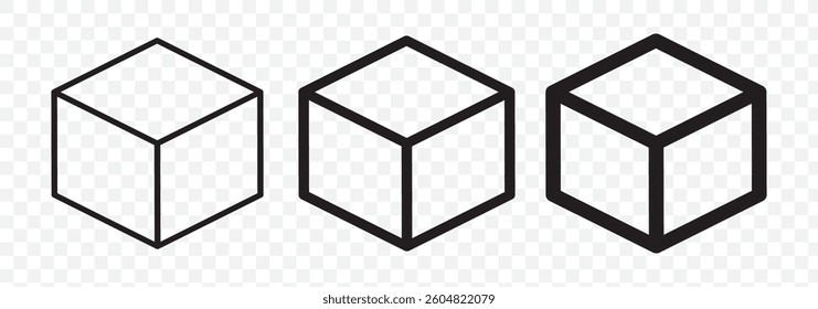 Cube 3d icons. Isometric square boxes design. Line cubic logos. Cubes, blocks outline shapes set. Abstract geometric black templates. Modern geometry cubes isolated. Vector.