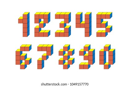 Cube 3d isometric number element. Pixel retro video game numbers. 80's retro alphabet font. 8 bit letters and numbers typeface.