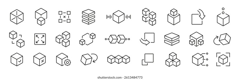 Cube, 3d model icons. Engineering, tool, cube outline symbols. Vector icons