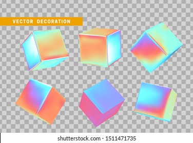 Cube 3d render, objects with gradient holographic color of hologram. Geometric decorative design elements. Set square block. Realistic isolated on a white background. vector illustration