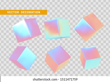 Cube 3d render, objects with gradient holographic color of hologram. Geometric decorative design elements. Set square block. Realistic isolated on a white background. vector illustration