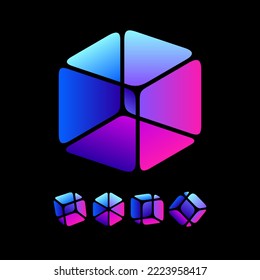 Cube 3D symbol. Rounded faces of cube with color gradient, negative space wireframe box shape vector set