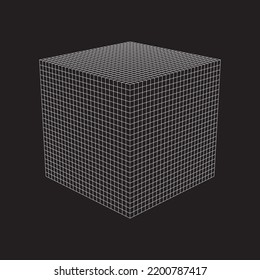 Cube. Abstract geometric objects of regular shape. Wireframe, mesh object. White grid on a dark background. 3d outline model. Vector illustration.