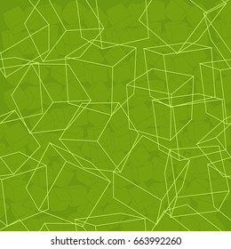 Cube abstract seamless background pattern with chaotically located cubes in linear style on green fond vector illustration