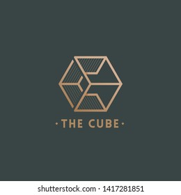 The Cube Abstract Vector Sign, Emblem or Logo Template. Letter C Incorporated in a Geometry Symbol with Typography. Golden on Dark Background.