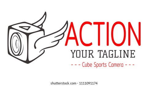 Cube action camera with wings. Emblem for logo of video blog or sport action. Vector