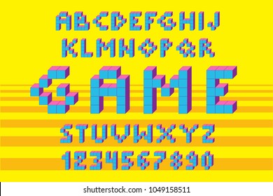 Cube alphabet. Pixel retro video game font. 80's retro color alphabet font. 8 bit letters and numbers typeface. Cube vector illustration