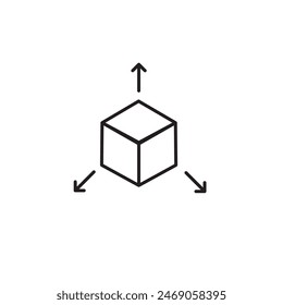 Cube with arrows out vector icon. Three dimensions linear flat illustration for web and app on white background..eps